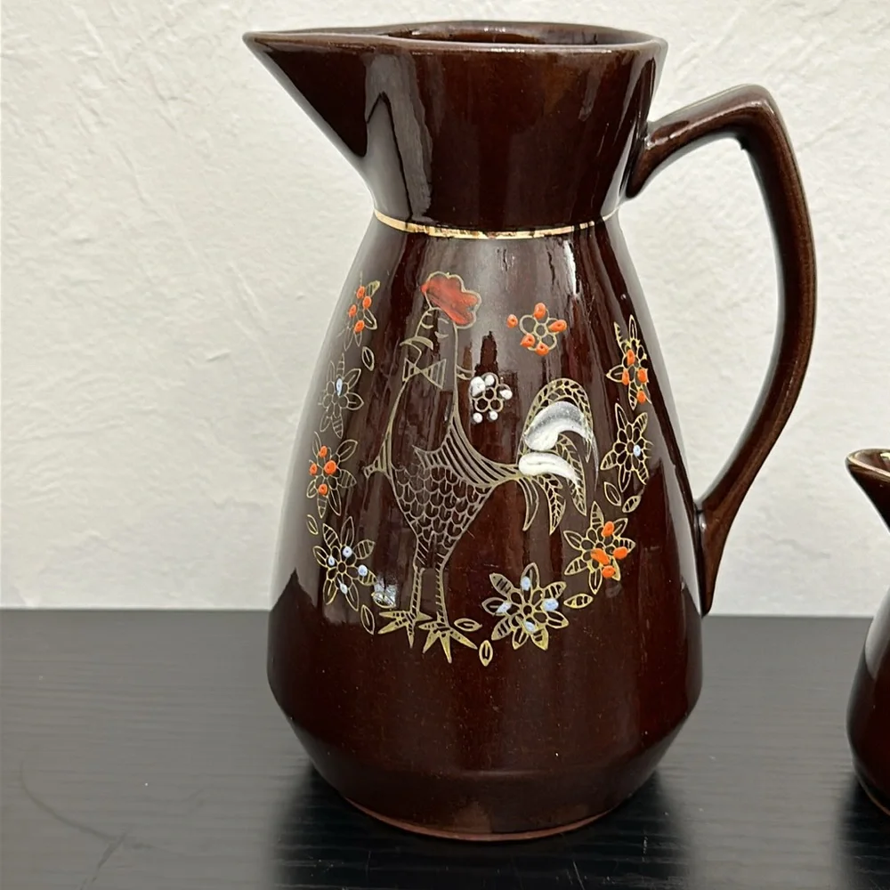 Rooster Redware Moriage Pottery Milk Pitcher & Creamer Set Japan